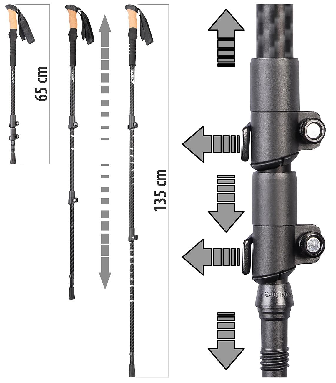 Speeron bastoni da trekking antishock: Bastoni da trekking telescopici, Carbon con impugnatura in sughero, regolabile in altezza (bastone telescopico, bastone nordic walking con ammortizzatore)