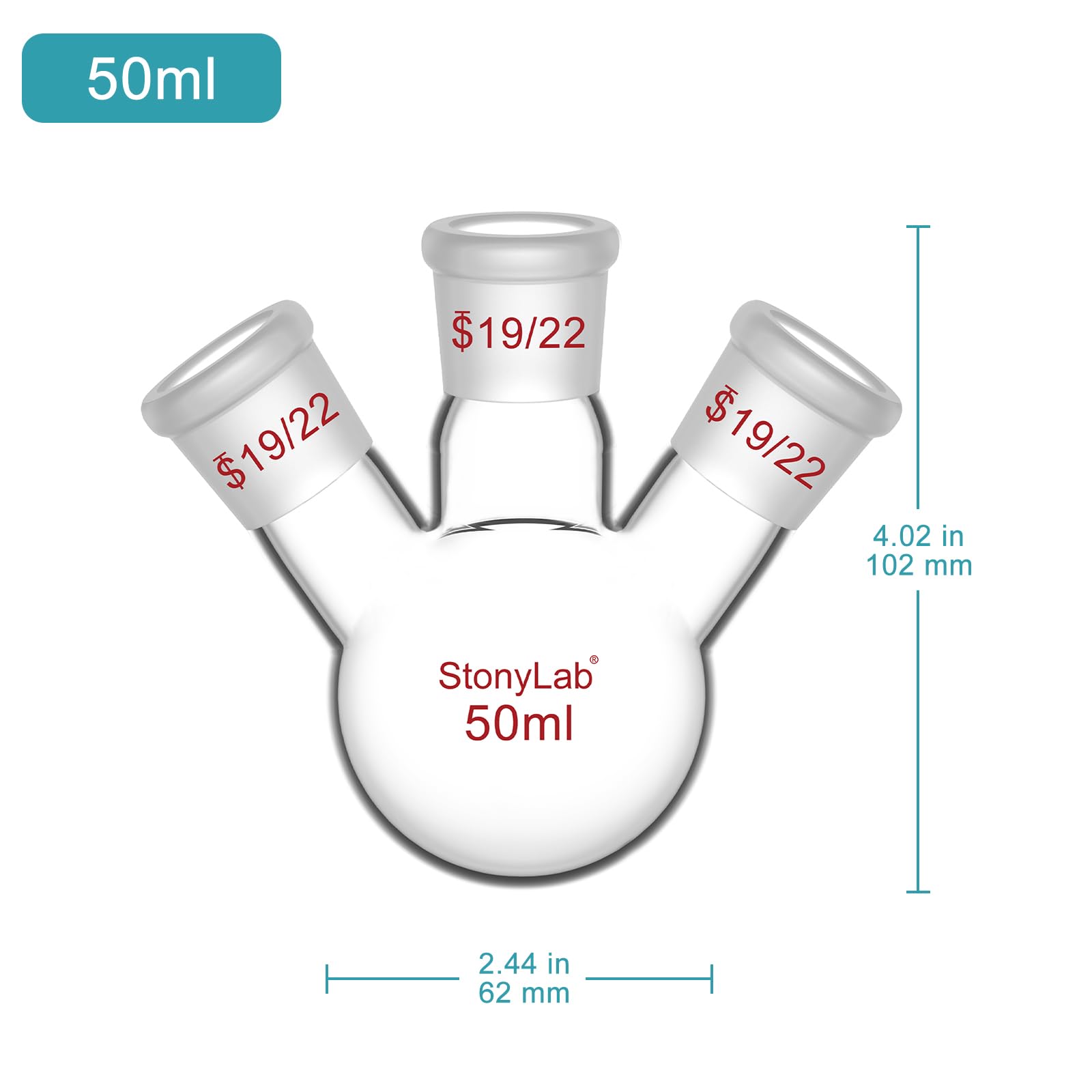 StonyLab 3-Cuello Matraz Redondo en borosilicato vidrio, con 19/22 Conjunta Externa Cónica Estándar de Centro/Lado, 3 Neck Round Bottom Flask (50 ml)