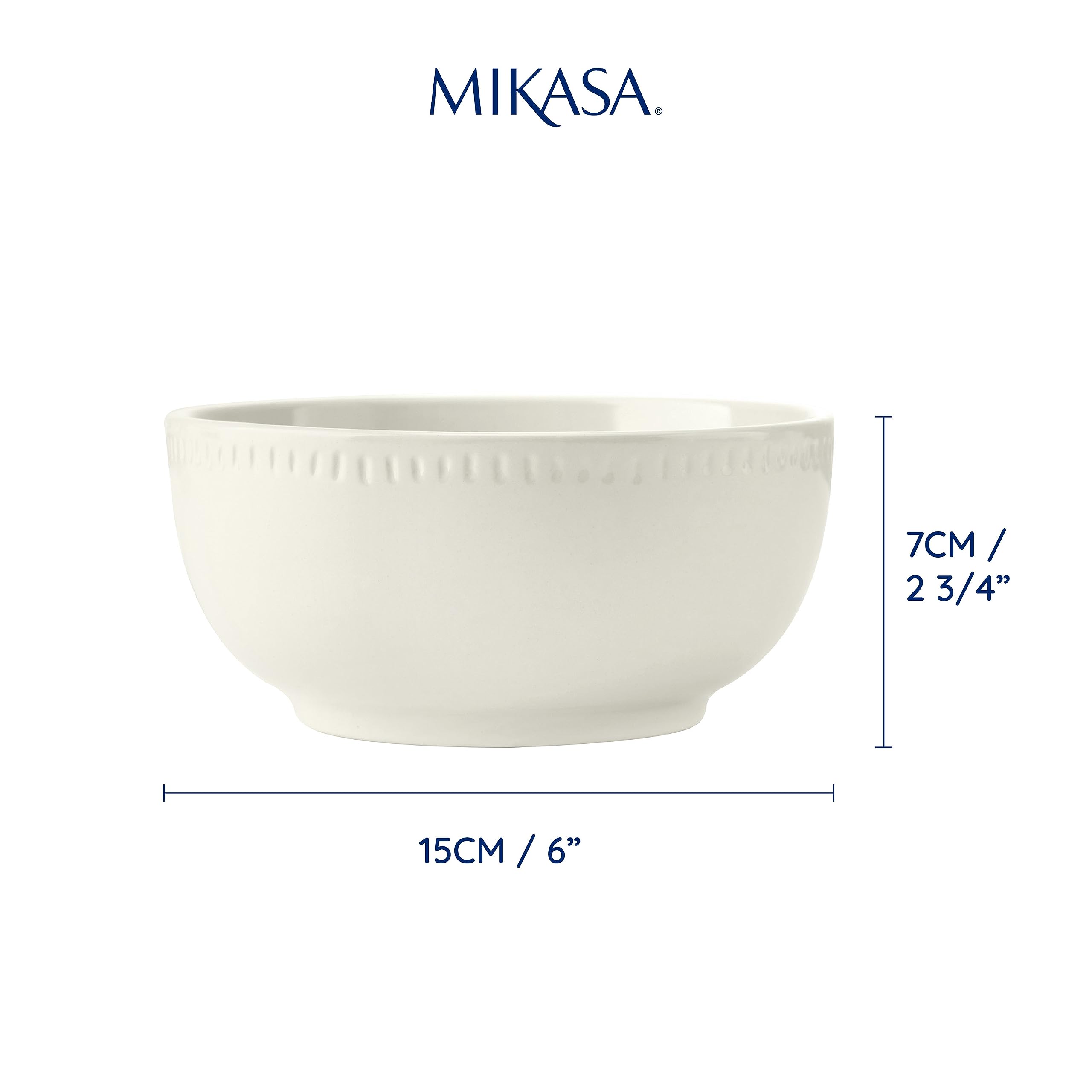 Mikasa Cranborne Set de 4 Cuencos de Cereales de Gres, Servicio para 4, Juego de 4 Cuencos de Cereal en Gres, 15cm, Crema - Apto para Microondas y Lavavajillas