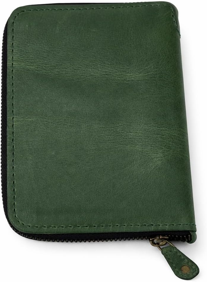 Zippered Leather Journal Cover Compatible with Moleskine Cahier TWONE Original Kraft Elan Pitch Pocket Size 3.5 x 5.5 for Field Notes Notebook Memo Books with Pen Holder Handmade (Green)