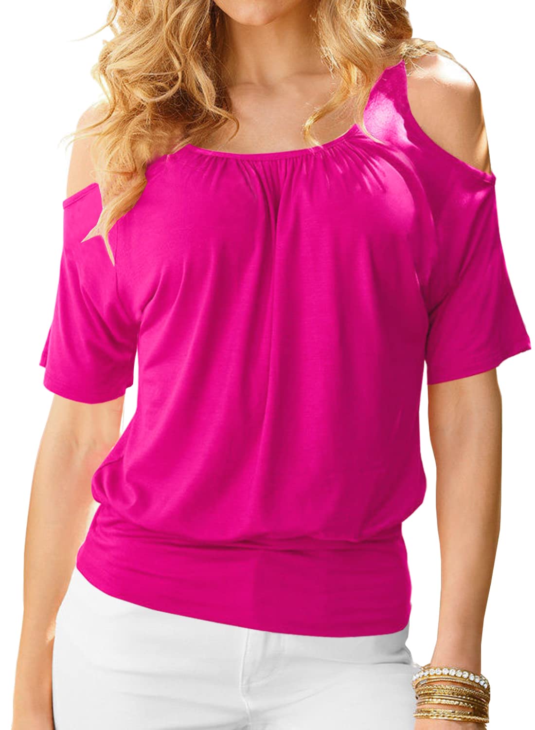 Womens Cold Shoulder Tops Summer Sexy Casual Short Sleeve Ruched Scoop Neck Banded Bottom Shirts Blouse