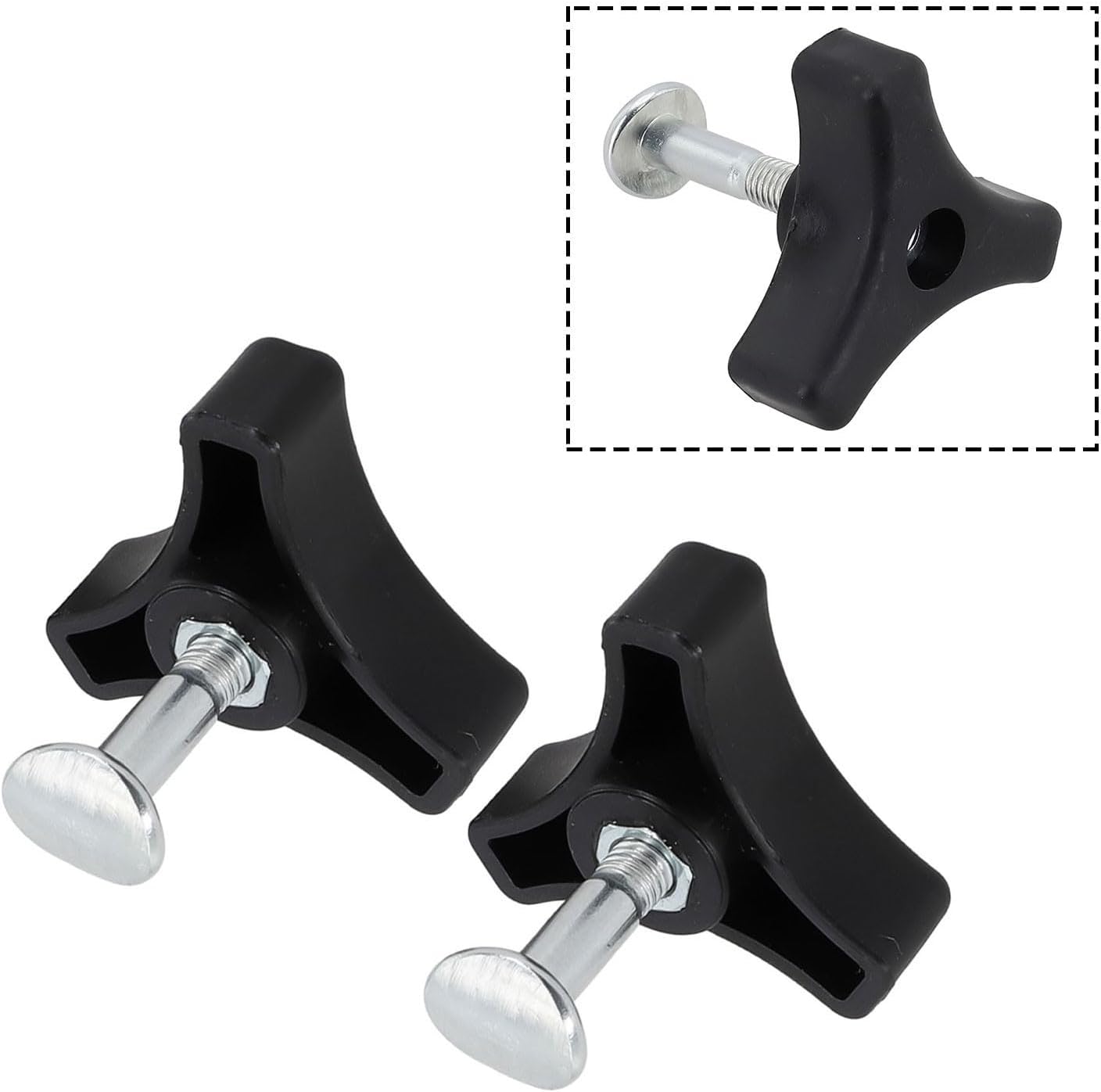 2-Pack Plastic Triple-Cornered Handle Knob Nut and Bolt Set for Lawn Mower, 50mm Length Replacement Screw with 20mm Head, Black and Silver Fastener for Garden Yard Maintenance