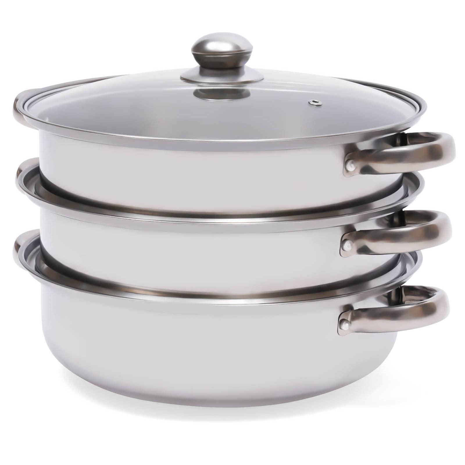 Set di pentole a vapore in acciaio inox a 3 ripiani, adatte a induzione, con coperchio in vetro e 3 strati, 28 cm, per verdure/carne/riso, fornello a vapore multifunzione