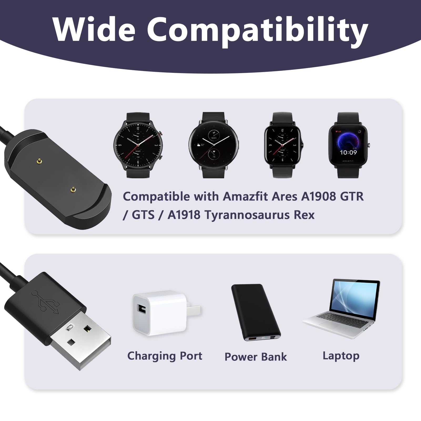 2 x ładowarka magnetyczna kompatybilna z Amazfit GTR Amazfit GTS Amazfit T-Rex, ładowanie USB 100 cm, kabel do szybkiego ładowania i ochrona przed przepięciem, akcesoria do smartwatcha