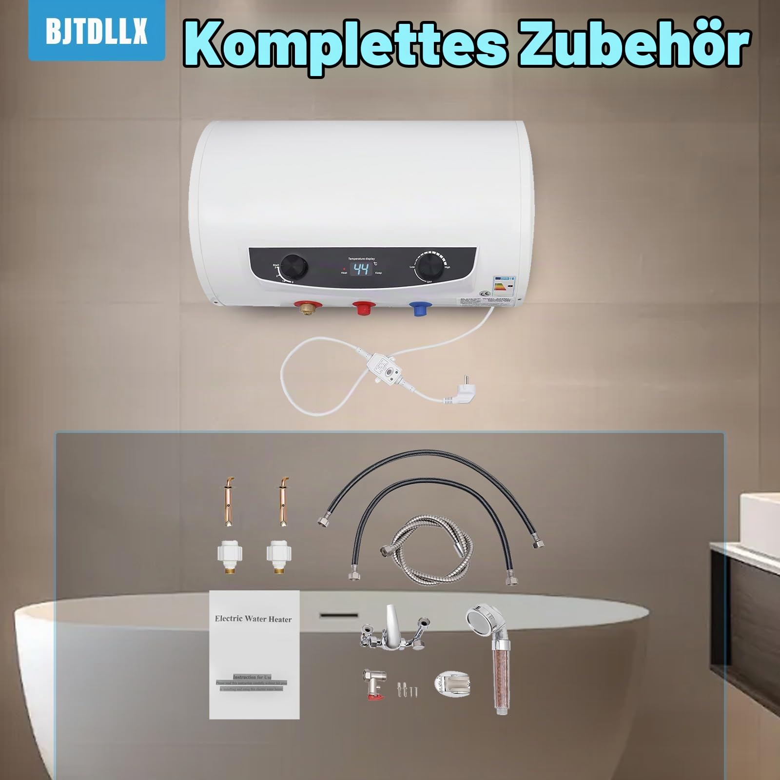 50 Liter Elektro Warmwasserspeicher 2000W Heizleistung Boiler Warmwasserboiler Speicher Leckage-Schutz, Upgraded Horizontal Wandhänge 25-75°C Wasserboiler [Energieklasse B]