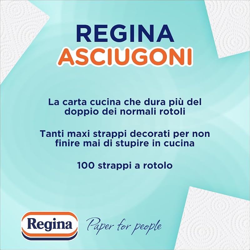 Regina Asciugoni Carta Cucina, Confezione da 2 Rotoli a 2 veli, 100 strappi per rotolo, Maxi fogli, Lunghi più del doppio dei normali rotoli, Carta 100% certificata FSC