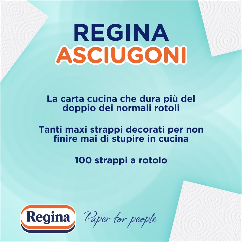 Regina Asciugoni Carta Cucina, Confezione da 24 Rotoli a 2 veli, 100 strappi per rotolo, Maxi fogli, Lunghi più del doppio dei normali rotoli, Carta 100% certificata FSC