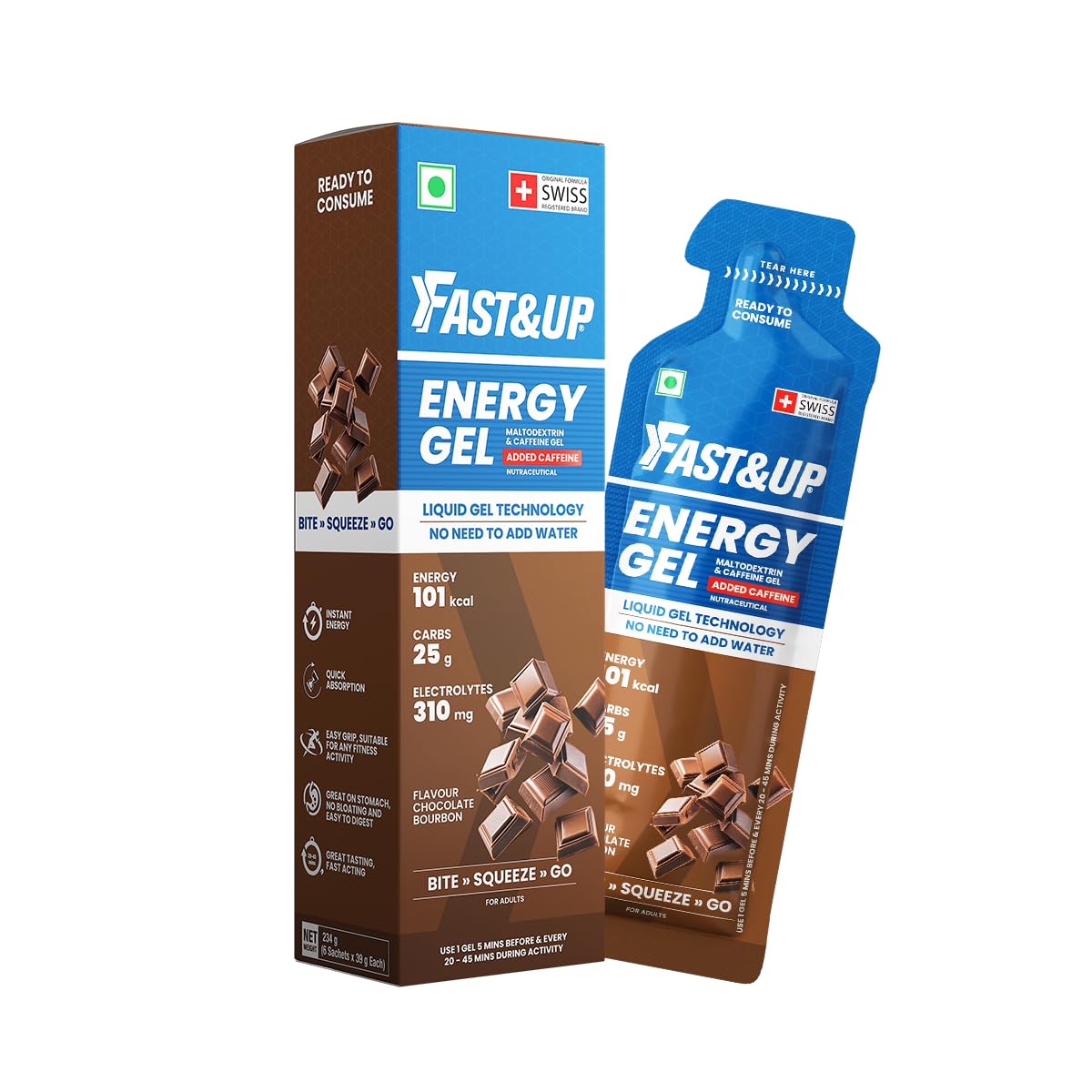 Energy Gel- Chocolate Bourborn flavour (Caffeinated) - Pack of 6 Gel Sachets, 39g per sachet- For Instant energy boost, Improved endurance and performance
