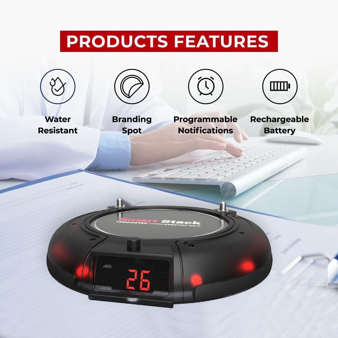 PagerTec Wireless Coaster Paging Calling System for Restaurants, Hospitals, Office & Hotels | Consists: 1 Transmitter, 2 Charging Bases & Long Range Pagers (Set of 30 Units)