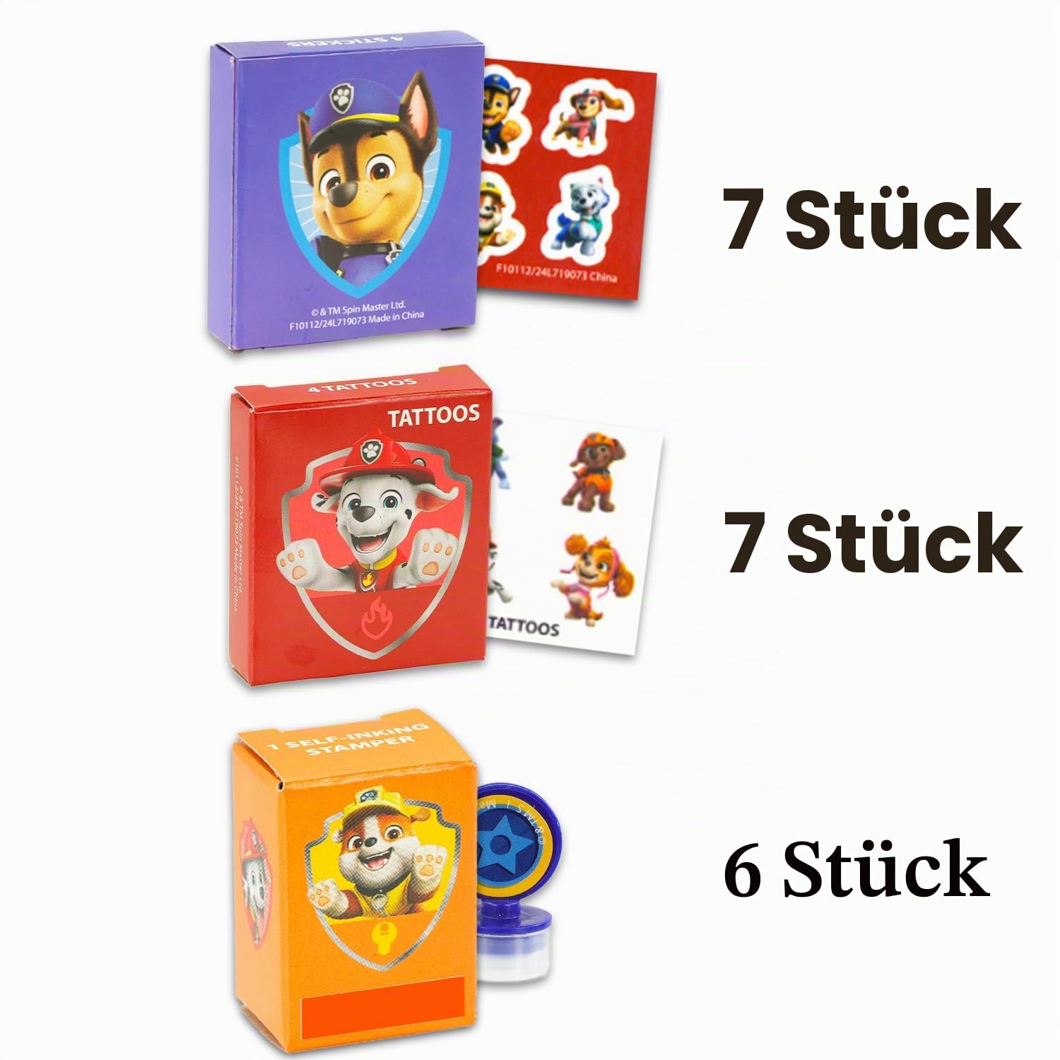 Paw Patrol Gastgeschenke für 20 Gäste, 20 Stück Paw Patrol Geschenkboxen mit Aufklebern, Tattoos und Stempeln für Kindergeburtstag, Paw Patrol Partyzubehör und Dekorationen, Kombi-Pack
