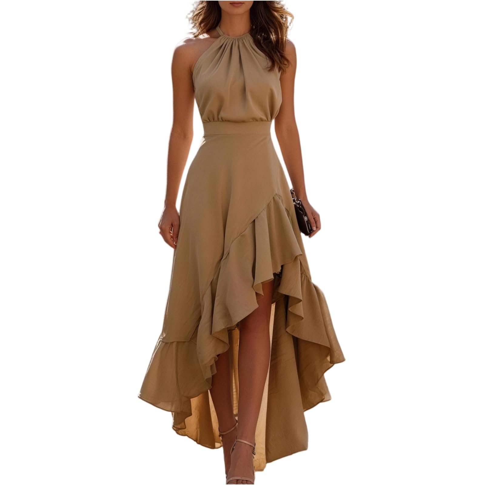 Damen Kleider Elegant Vorne Kurz Hinten Lang Volant Kleid A Linie Chiffon Abendkleid Neckholder Cocktailkleid Hochzeitsgast Festlich Abschlusskleid Tailliert Ärmellos Ballkleider Maxi Rüschen