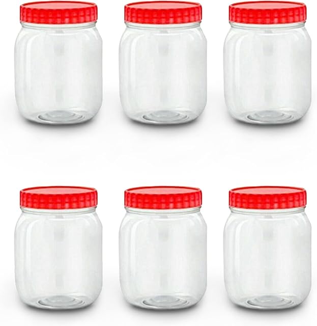 Plastic Storage Jar 500ml With Screw Top Lids Airtight Food Storage Containers BPA Free For Kitchen, Herb, Spices, Sweets Clear Canister pots (Pack of 6)
