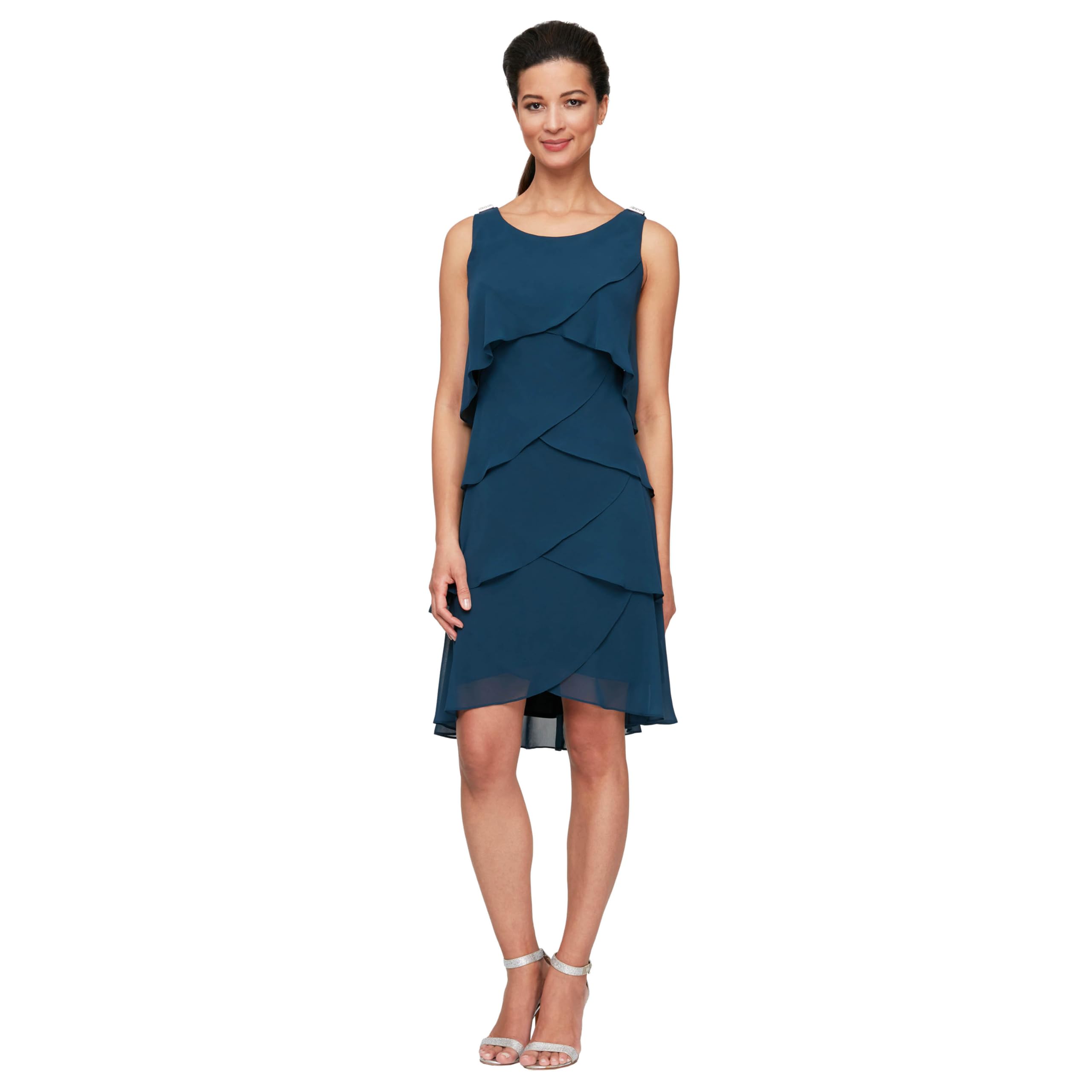 S.L. Fashions Women's Sleeveless Chiffon Tiered Cocktail Dress Petite and Missy, Midteal, 22
