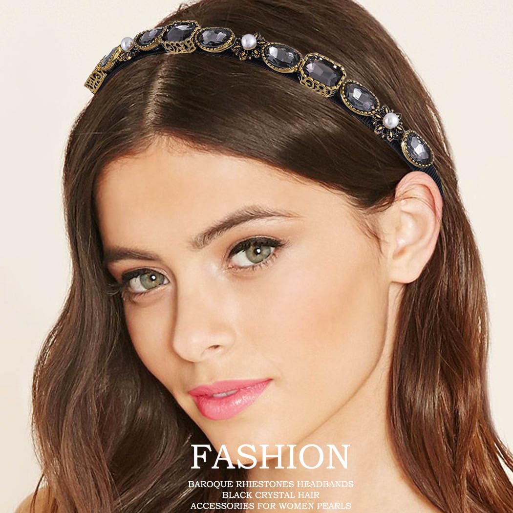 Baroque Rhinestones Headband Bling Crystal Head Bands Black Thin Pearl Hairbands for Women - Image 3