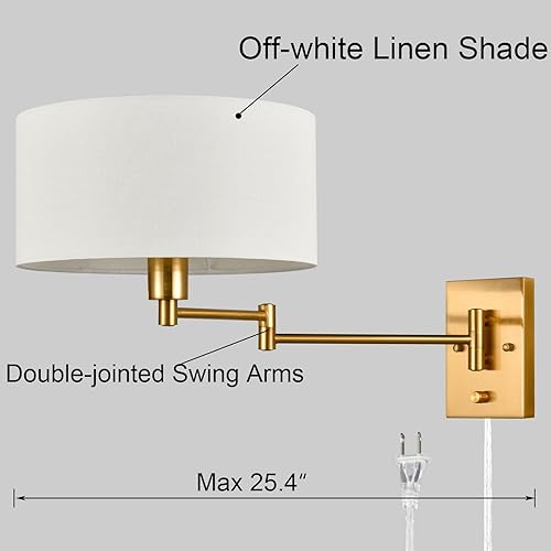 Miniatura 4 de Juego de dos apliques de pared dorados enchufables de latón con brazo oscilante, aplique de pared con cable con interruptor para dormitorio y sala