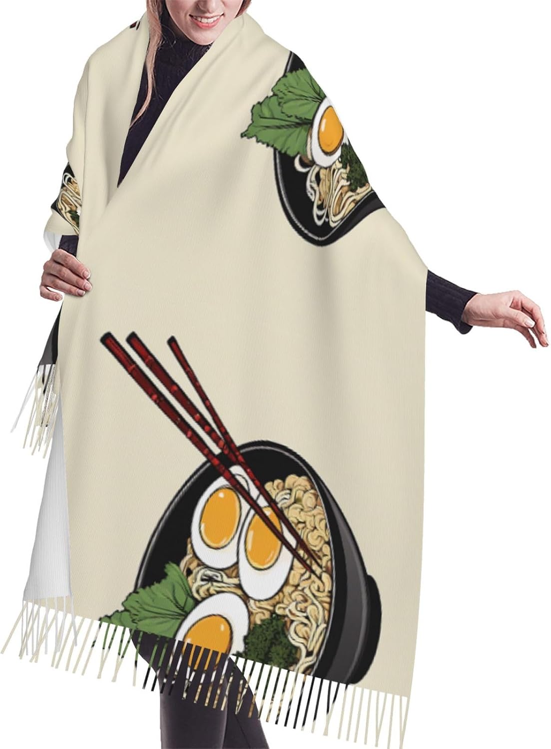 (Delicious Sweet Ramen) Women's Soft Warm Scarf Large Plush Shawl Wrap with Fringe Fashion Winter Scarves for Cold Weather