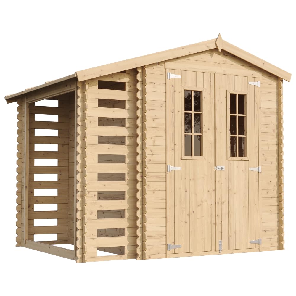 Abri de Jardin en Bois et Range bûches extérieur - Stockage extérieur I206xL272xH218 cm/ 3,​53 + 0,​97 m2 Petit abri à Outils, Local à vélos - Toit imperméable, fenêtres TIMBELA M386C