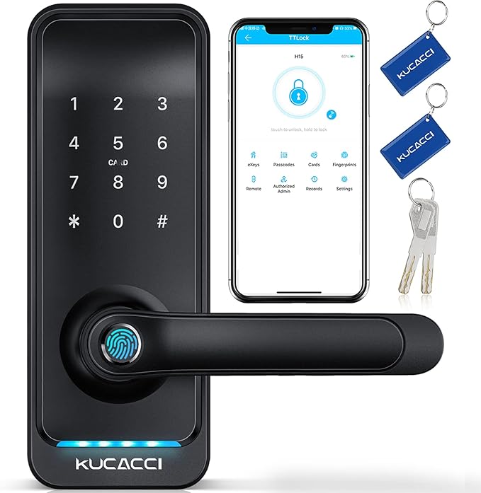 Kucacci Smart Door Lock with Handle: Keyless Entry Door Lock - Fingerprint Keypad Door Lock - Digital Door Lock - WiFi Smart Lock for Front Door - IP66 Weatherproof - Easy Installation(Black)