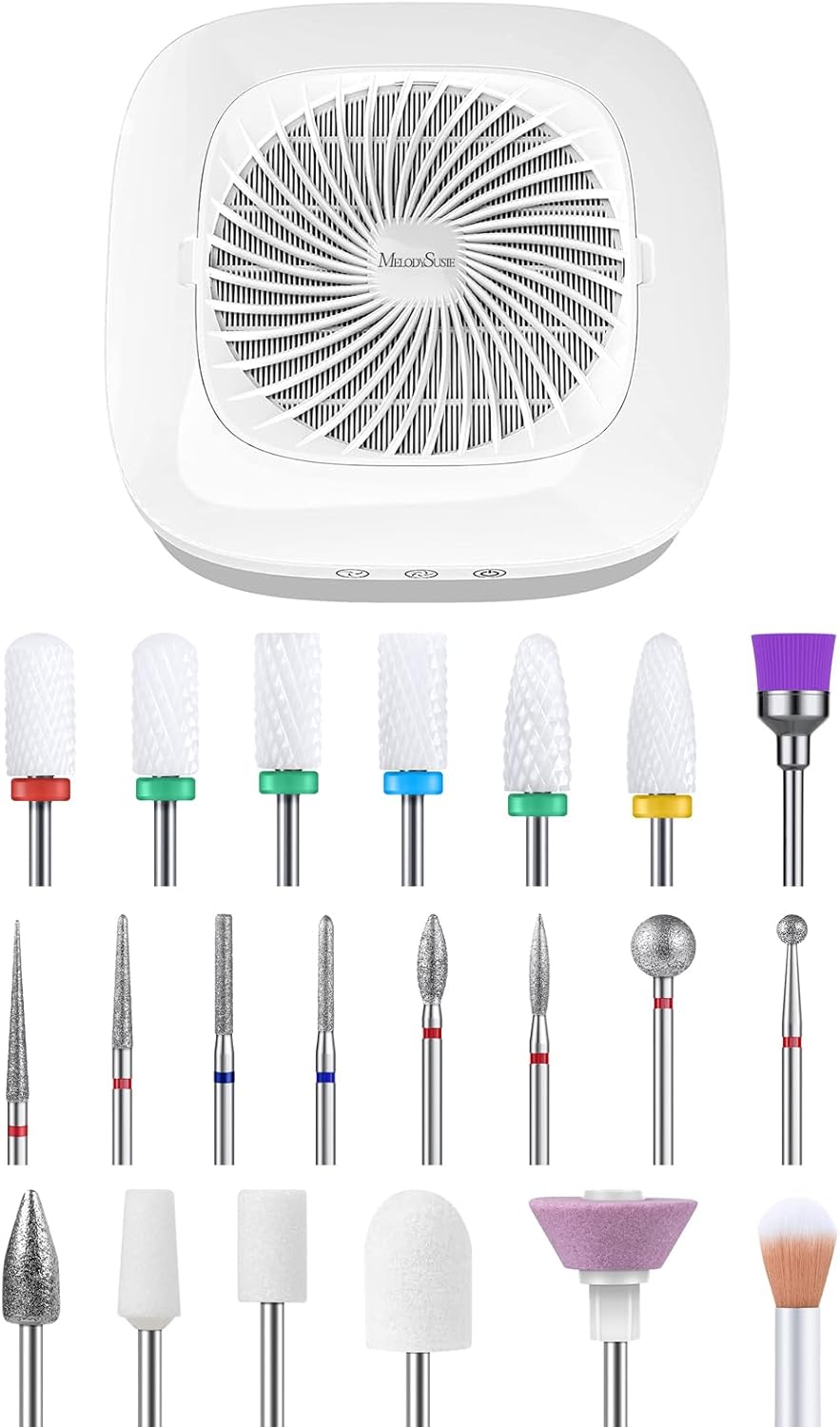 MelodySusie Nail Dust Collector with Reusable Filter with 21pcs Nail Drill Bit Set