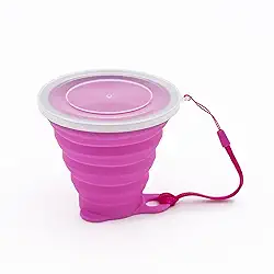 Copo Silicone Dobrável Retrátil Borda de Inox Com Tampa 270ml Ecológico Reutilizável Fino Bolso (Pink)