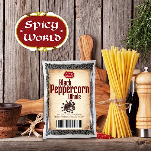 Spicy World Black Peppercorns Whole 1 Pound (16 Oz) - Steam Sterilized Peppercorns For Grinder Refill, Whole Black Peppercorns, Whole Black Pepper, Bulk Pepper Corns Spice Pimienta #TOP5