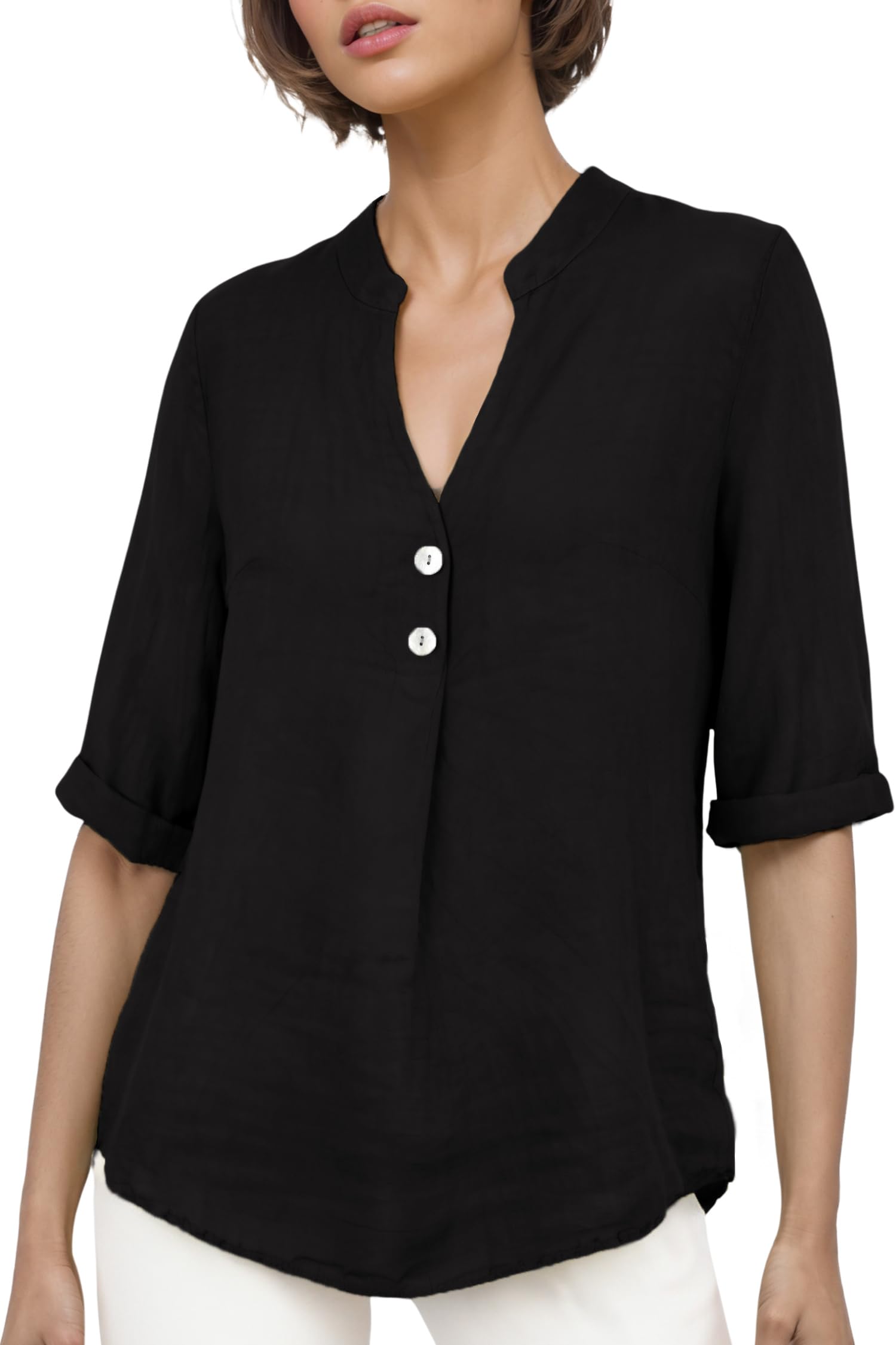 Cara Mia Bluse Damen Sommer Leinenbluse Kurzarm V-Ausschnitt viele Farben 38-44 Mehrfarbig