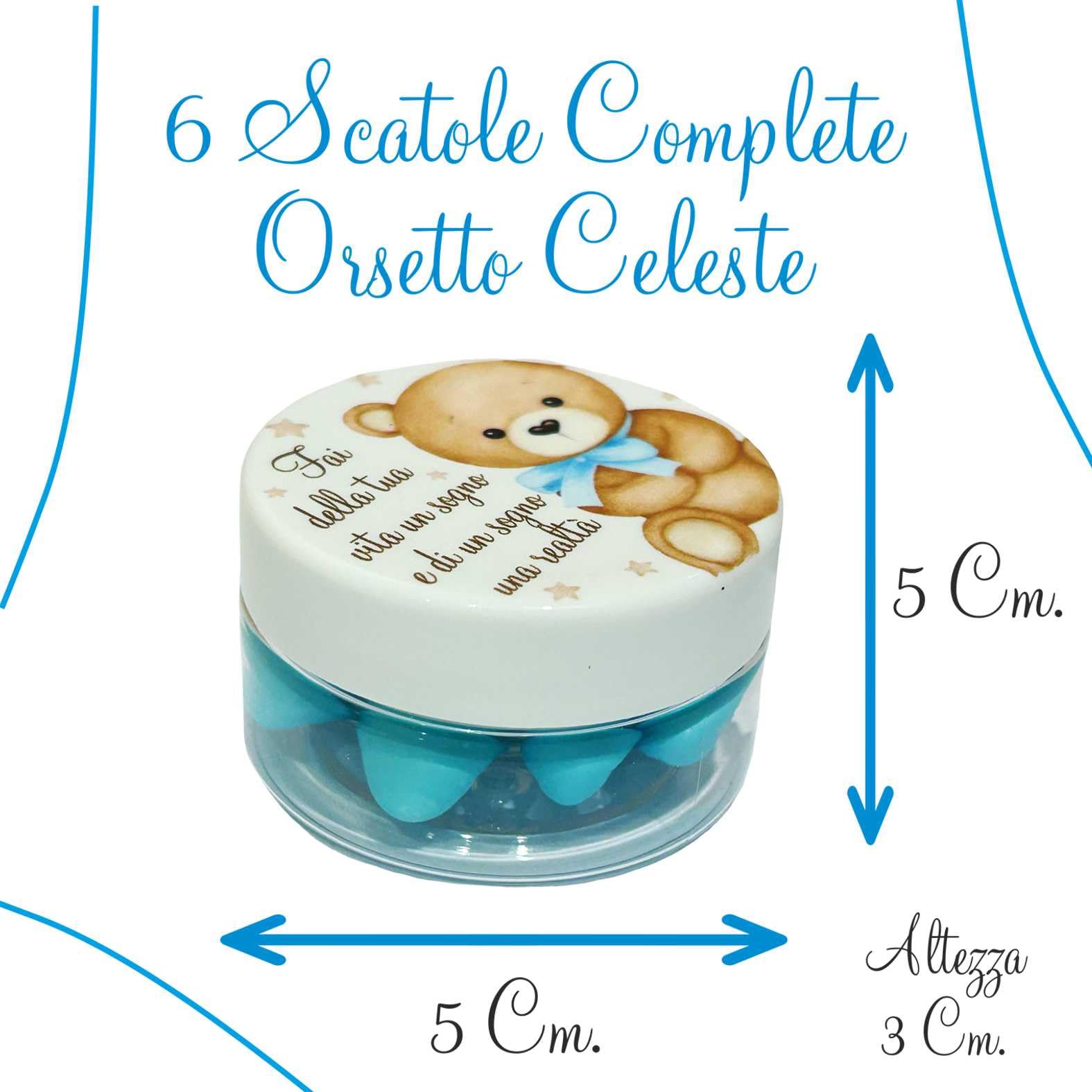 Regalami.Shop Set 12 Scatoline Orsetto Bomboniere con 5 Confetti Celesti alla Mandorla e Bigliettini Tematici (Celeste)