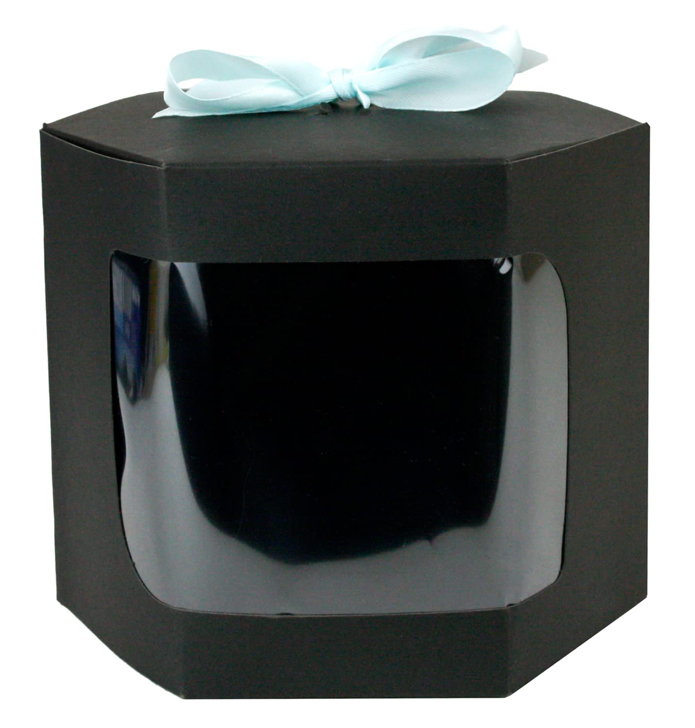Emartbuy Strong Paper Stand Up Hexagon Gift Bag, 10 cm x 10 cm x 12 cm, Black Kraft Bag Cupcakes Cookies Muffin Pie Box with Clear Window and Light Blue Ribbon - Pack of 96
