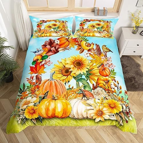 Full Size Thanksgiving Comforter Cover Sunflower Accessories Bedding Set, Kids Fall Decorations for Home Duvet Cover Autumn Decorations Fall Leaves Bedspread Cover 3Pcs for Boys Girls Adults