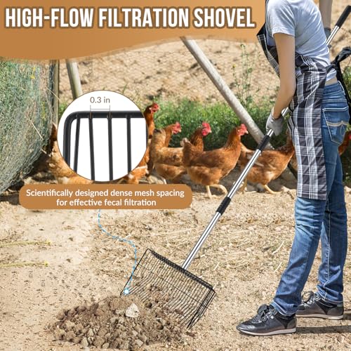 Image of SlowTon Chicken Poop Scooper 10 inch Wide - Stainless Steel Chicken Coop Scoop Heavy Duty with 40 to 77 inch Long Handle for No Bending Work, Chicken Coop Litter Cleaning Tool Sand Sifting Shovel