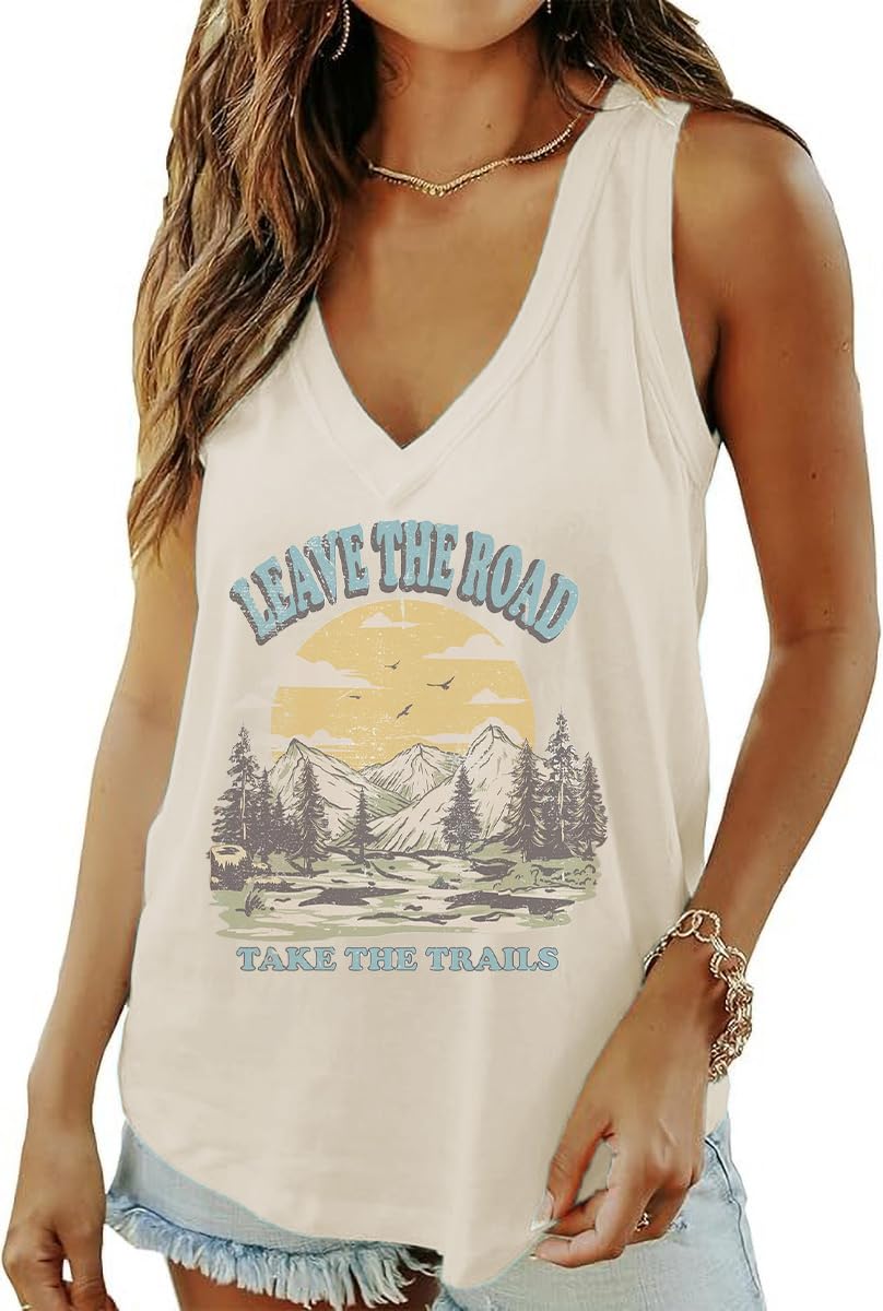 Qbily Summer Deep V-Neck Tank Tops for Women Casual Cute Sleeveless Graphic Printed Shirt