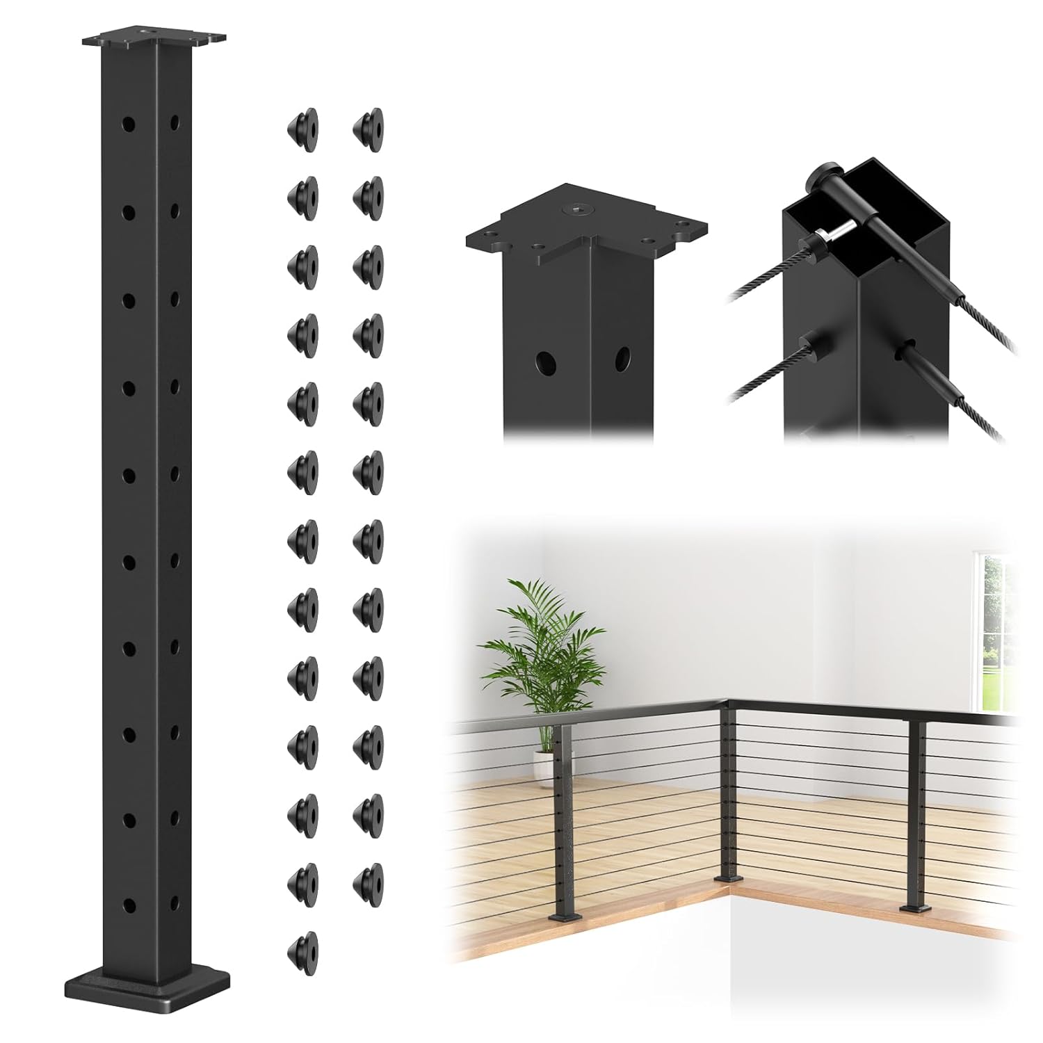 36" Cable Railing Corner Post (35"x2"x2"), 3-Side T-Drilled Flat Top Surface Mount Black Corner Post, T304 Stainless Steel One-Post Corner Solution for Indoor Outdoor, MY11 T-drilled Corner Post 1