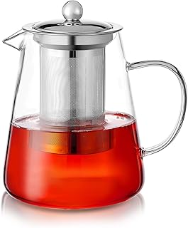 PluieSoleil Clear Glass Teapot with Filter,Heat-Resistant Glass Infuser Tea Pot,Round Shape Borosilicate Glass Teapot,950ML Stovetop Microwave Safe Teapot for 4-6 Cups