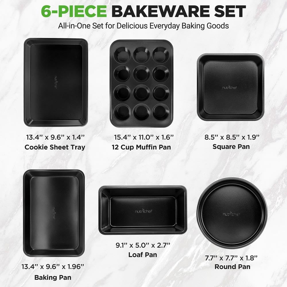 NutriChef Set di 6 Teglie da Forno Antiaderenti in Acciaio al Carbonio, Teglie Forno per Biscotti, Muffin, Torte e Pane, Resistenti ai Graffi, Lavabili in Lavastoviglie, Nero