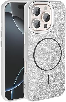 Aksesuarcim Apple iPhone 16 Pro Max ile Uyumlu K l f Simli M-Safe  arj  zellikli Kamera Lens Korumal  Parlak Sert Silikon Kapak Okso Beyaz