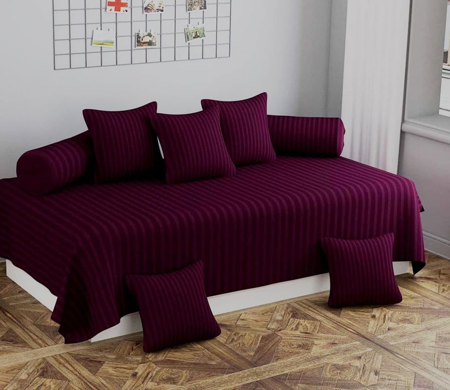 Evan Beautiful Solid Satin Stripe Diwan Set Covers 8 Pieces Stripe Design Standard Diwan Set with 1 Single Bedsheet Size 60X90, 5 Cushions Covers and 2 Bolster Covers (Wine Color)-picture-32