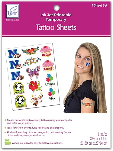 June Tailor JT-481 lámina de tatuajes temporales imprimibles a inyección de tinta, 8.5 por 11 pulgadas, blanco.