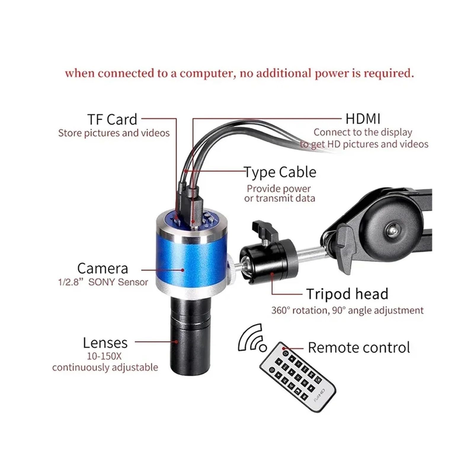 4K 48MP Electronic Digital Microscope for Soldering 150X Lens With HDM/I USB-C Mount Industrial Camera for Repair PCB(48MP HDMI USB Kit)