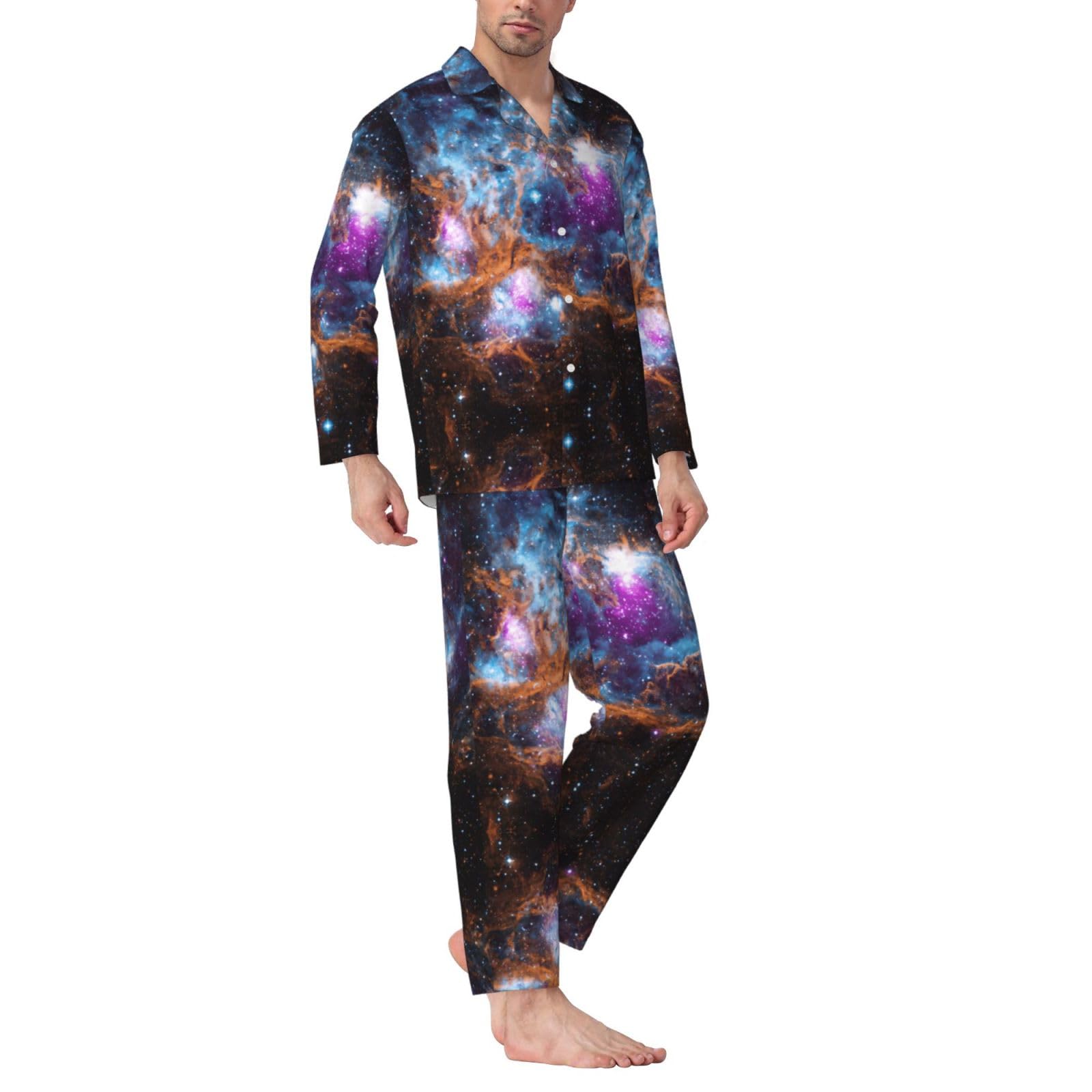 Conjunto de pijama para hombre con estampado de galaxia y galaxia, pijama suave de manga larga con botones y bolsillos
