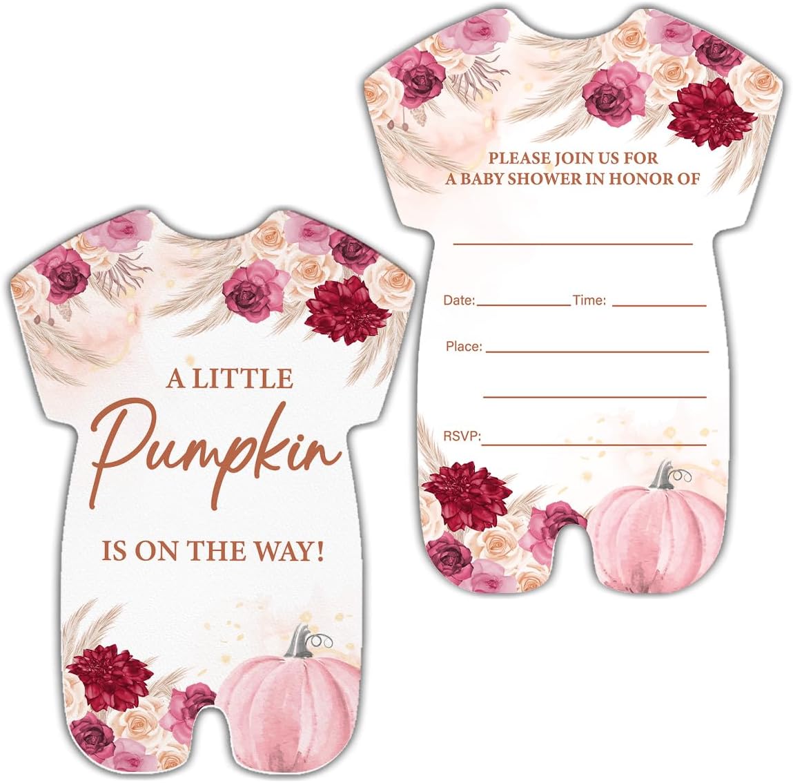 Pumpkin Baby Shower Invitations With Envelopes (20 Count), Boho Fall Pumpkin Baby Shower Party Fill in Invites Cards, Double Sided Design