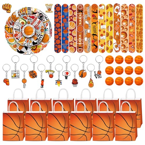 98 unidades de presentes de festa de basquetebol, acessórios de festa de basquetebol, pulseiras de sacos de papel, chaveiros, autocolantes de mini bolas de stress de basquetebol, presentes de festa de