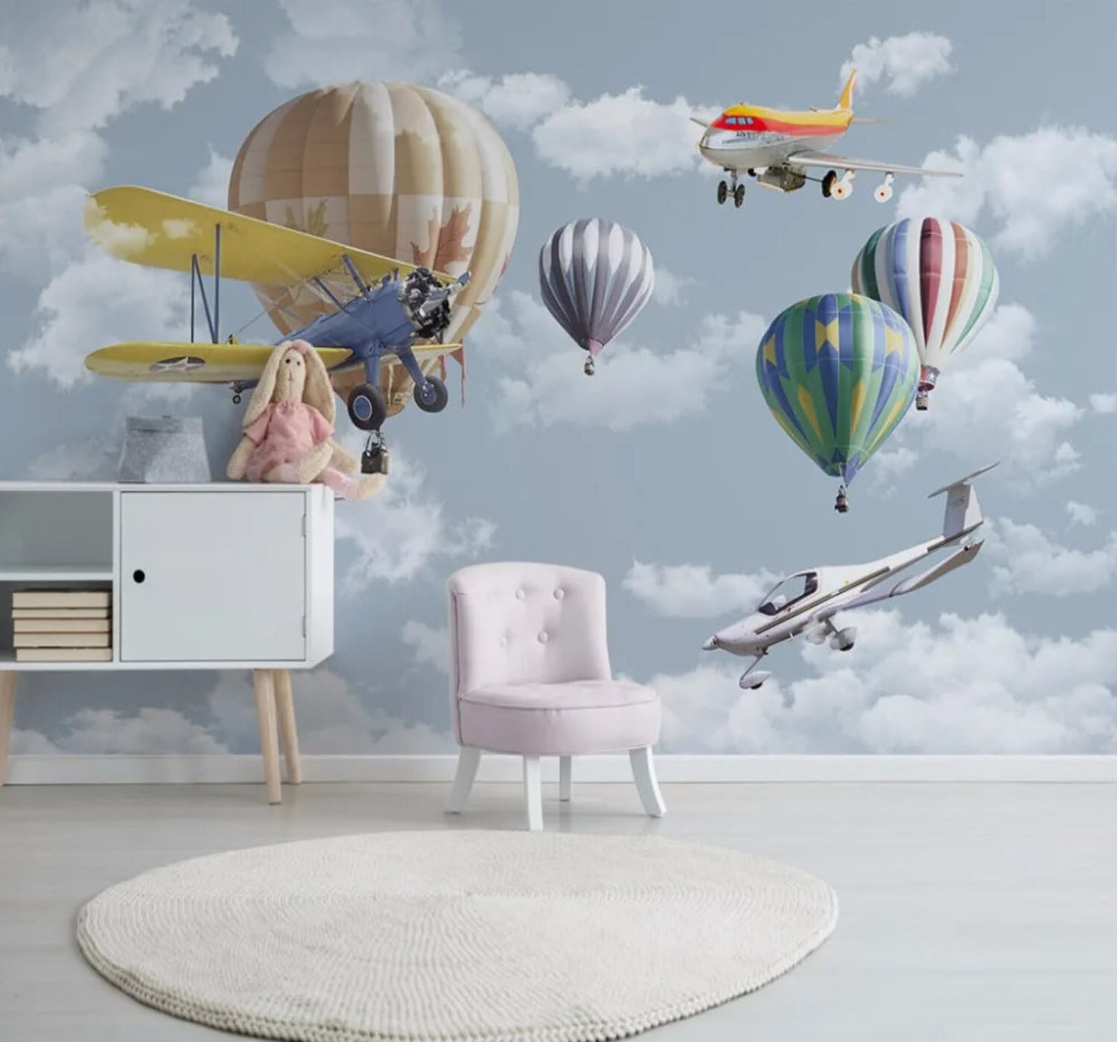 Cartoon Hand Drawn Hot Air Balloon Aeroplane Sky 3D Wallpaper Easy Install Feature Office Living Room Sofa Bedroom TV Background Wall Decoration-400cm×280cm