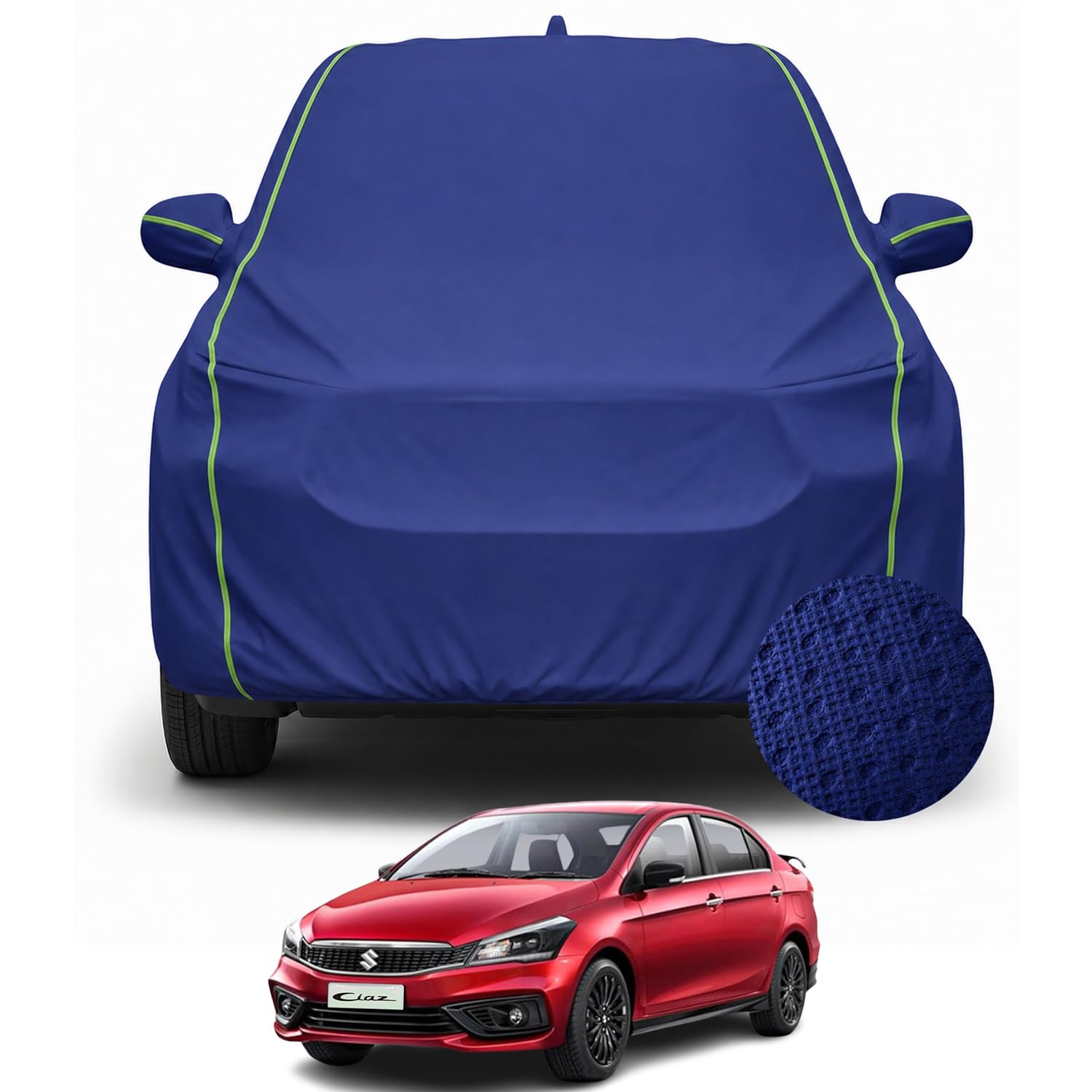 Pivalo Premium Car Cover for Maruti Ciaz 100% Waterproof All Weather Protection Dustproof 3 Layer PP & Soft Cotton Inner Lining Fabric Tripple Stitched Secure Fit Full Body Cover (Tiebond Blue)-image-6