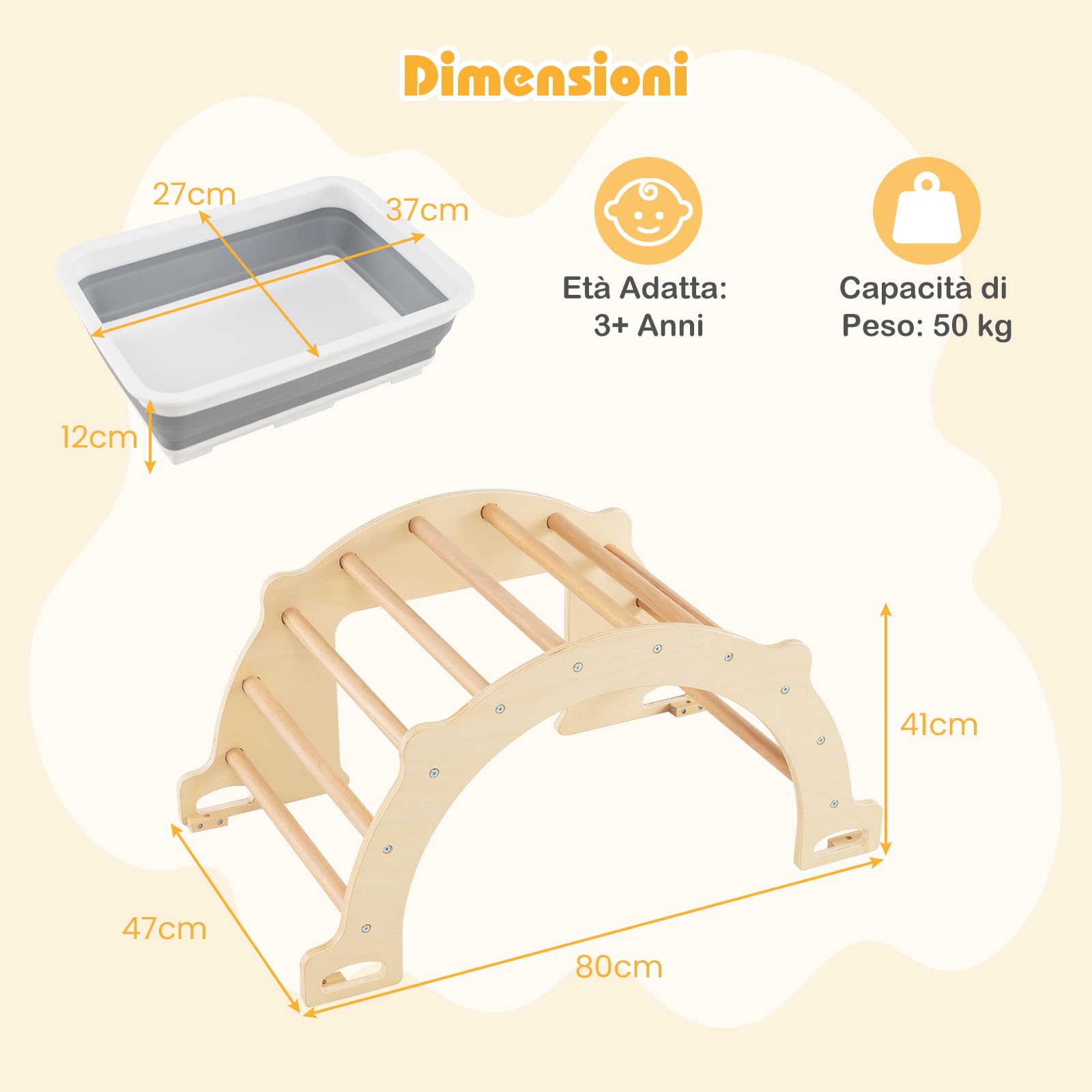 COSTWAY 8 in 1 Arco da Arrampicata per Bambini, Altalena ad Arco in Legno con Contenitore Pieghevole, Palestra Montessori per Bambini 3 Anni + (80 × 47 × 41 cm)