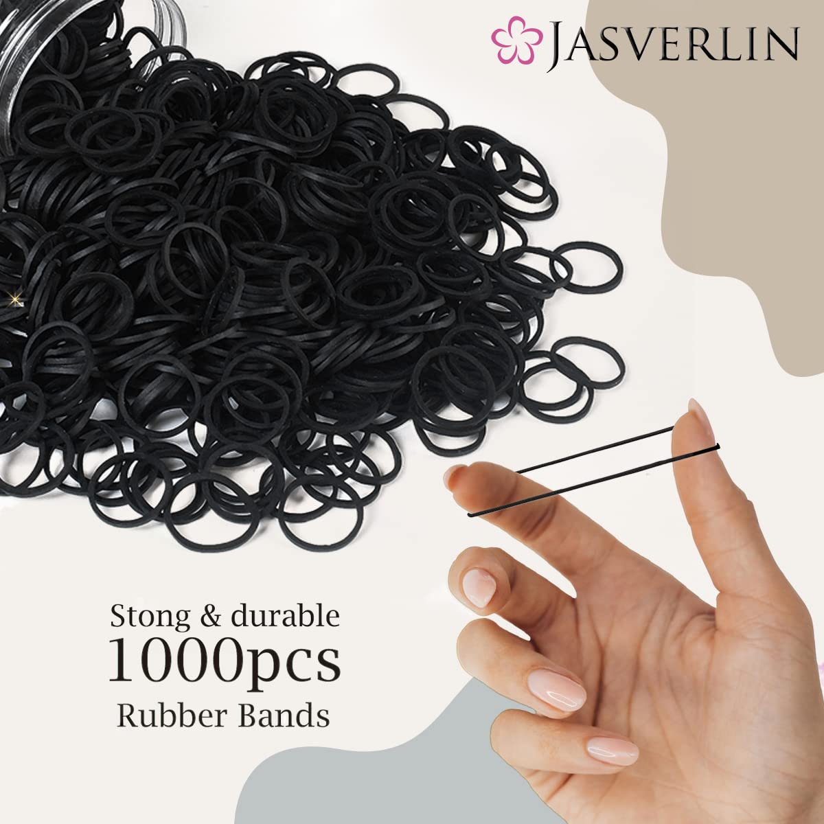 JASVERLIN 1000 Pcs 3/4 inch Black Hair Rubber Bands, Small Rubberbands Ponytail Holder no Damage Mini Tiny Hair Ties Elastics Girls Women