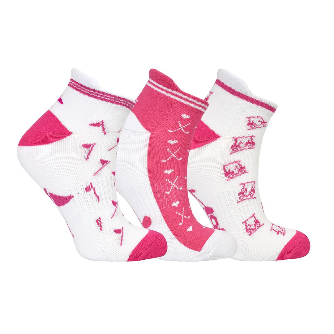 Surprizeshop Ladies Golf Socks (3 Pack) | Cushioned Sole | Extended Tab at rear | One Size UK 4-7 | Compression Fit for Support & Comfort | Womens Golf Socks… (Pink - Ankle Socks)