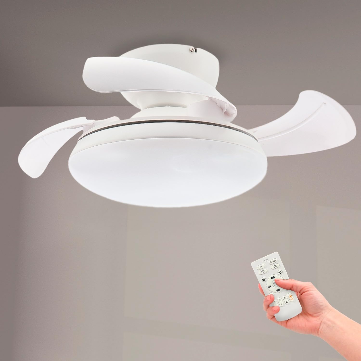 M Mimotec - Ventilatore da soffitto LED Mushroom bianco Ø72,5 cm, motore DC silenzioso, luce LED 24W dimmerabile 3CCT, telecomando, timer e funzione estate/inverno.