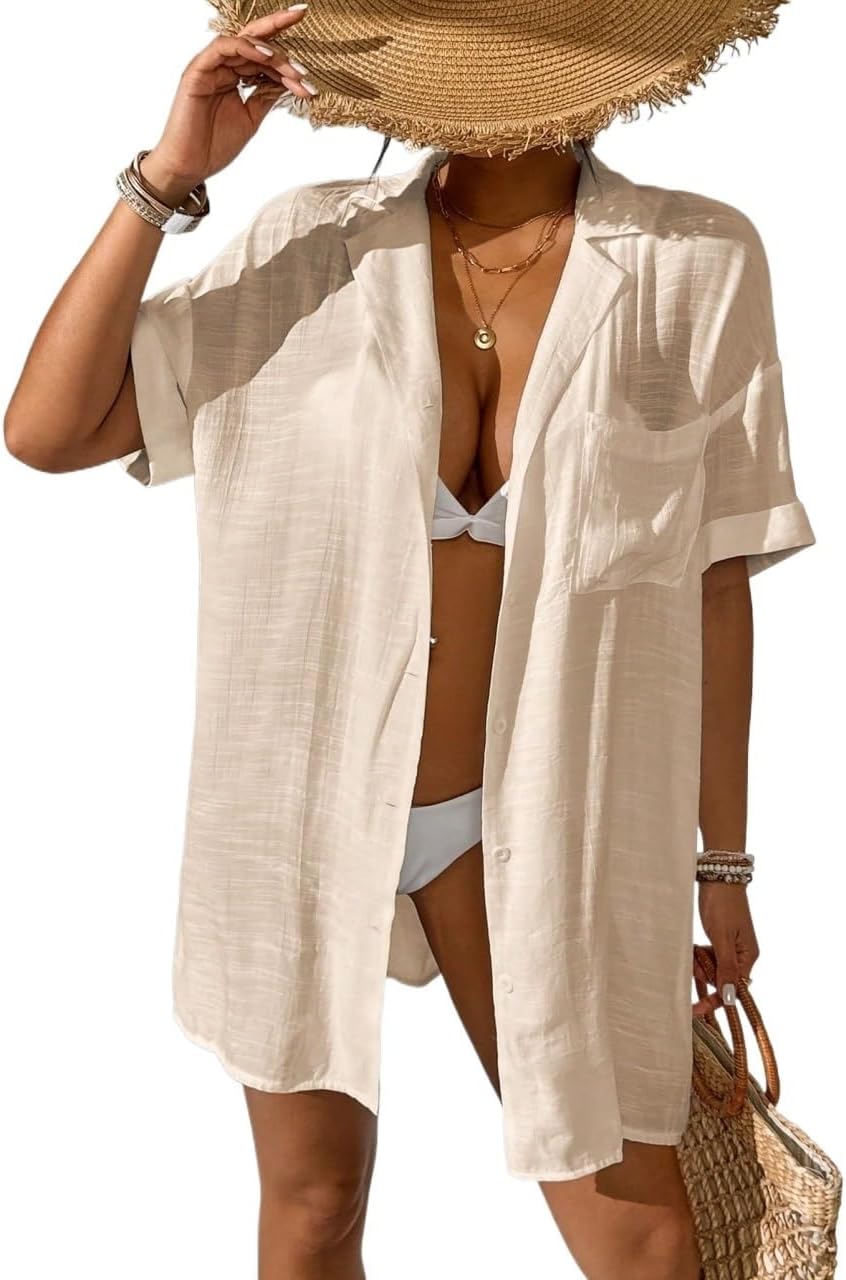 Women Solid Color Short Sleeve Kimono Cover Up,Summer Beach For Long Shirt cover ups for swimwear