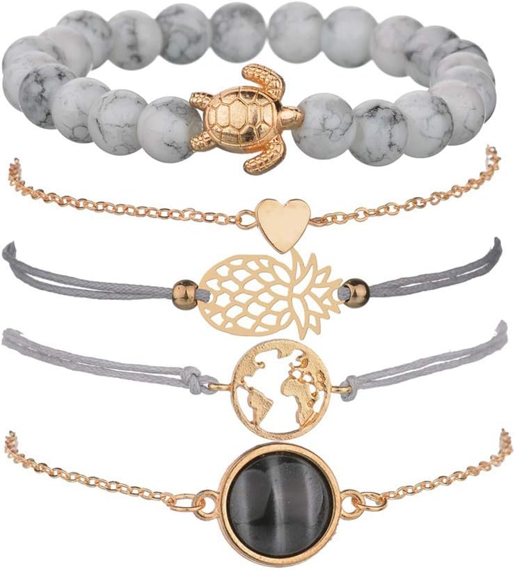 Beaded Bracelets for Women - Adjustable Charm Pendent Stack Bracelets Set for Women Friendship Bracelet Links (Turtle bracelet)