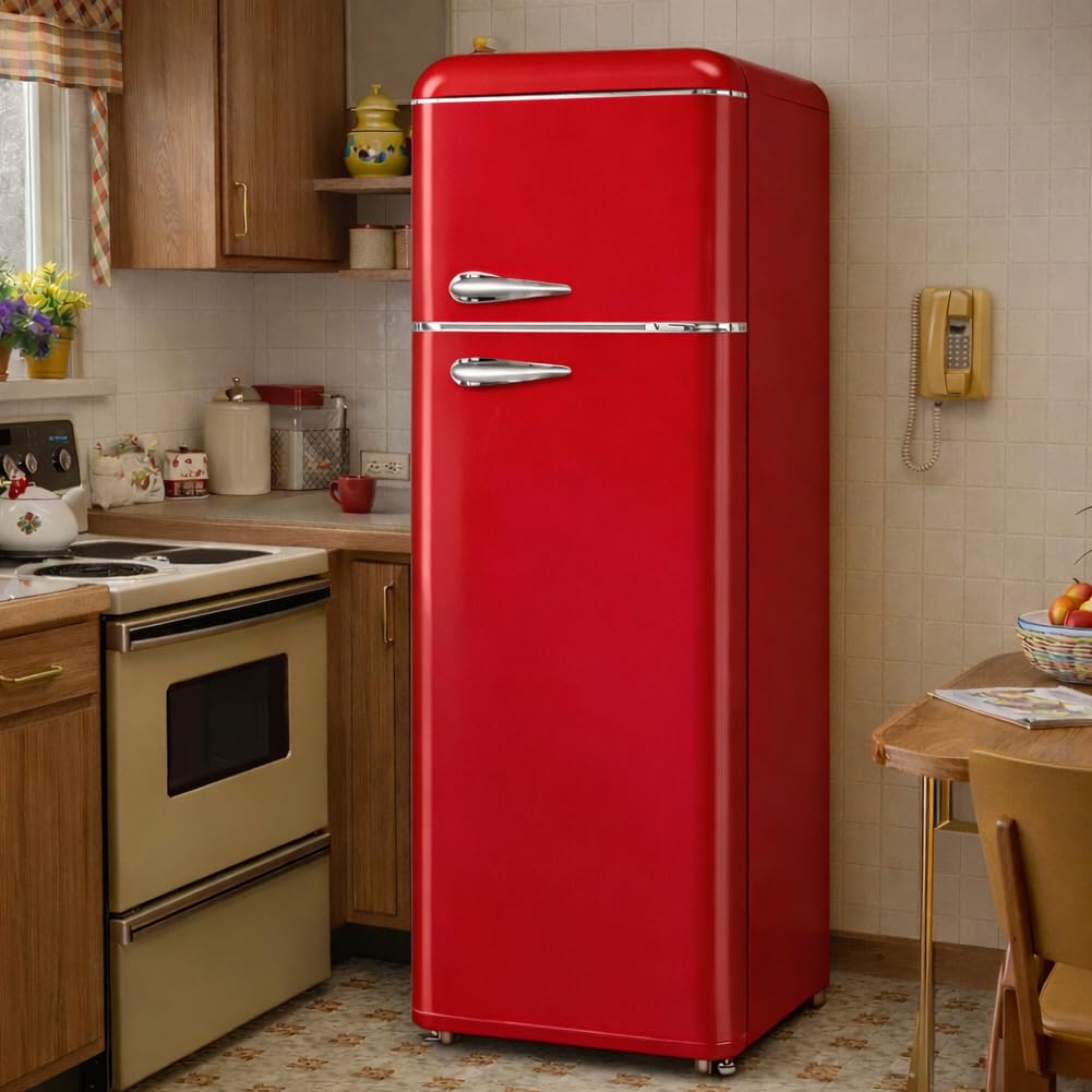 BAKAJI Frigorifero 240 Litri Doppia Porta Design Anni 50, Frigo con Congelatore Salvaspazio, Silenzioso, Temperatura Regolabile, Alto Livello di Stoccaggio, 54.5 x 54.5 x 147 cm (Rosso)